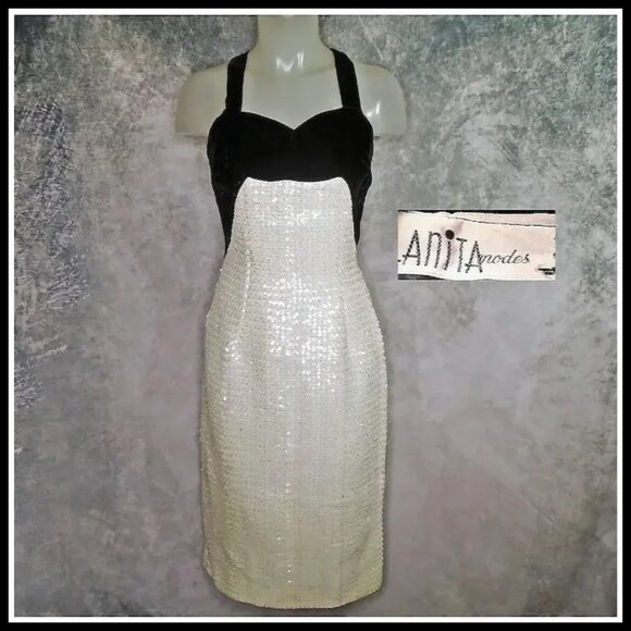 Black Velvet Cocktail Dress with White Sequins! Bombshell Formal Sheath 50s VTG - Picture 2 of 16